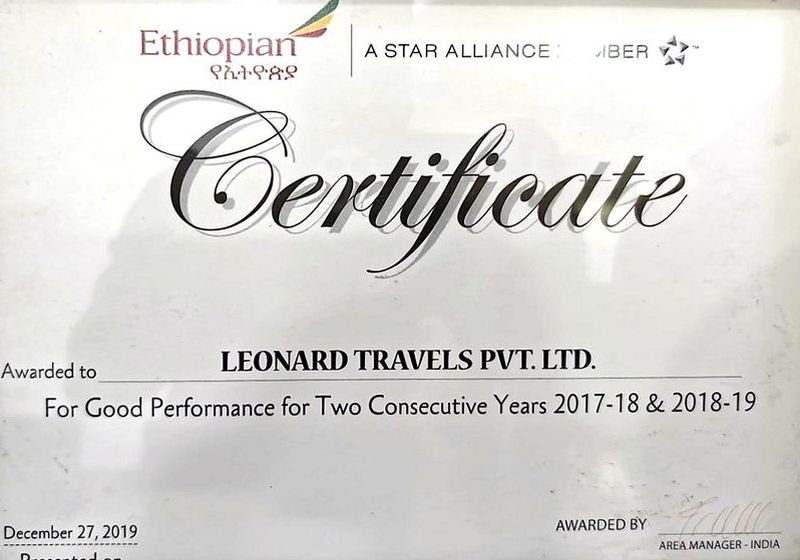Ethiopian Airlines certificate for good performance, December 2019