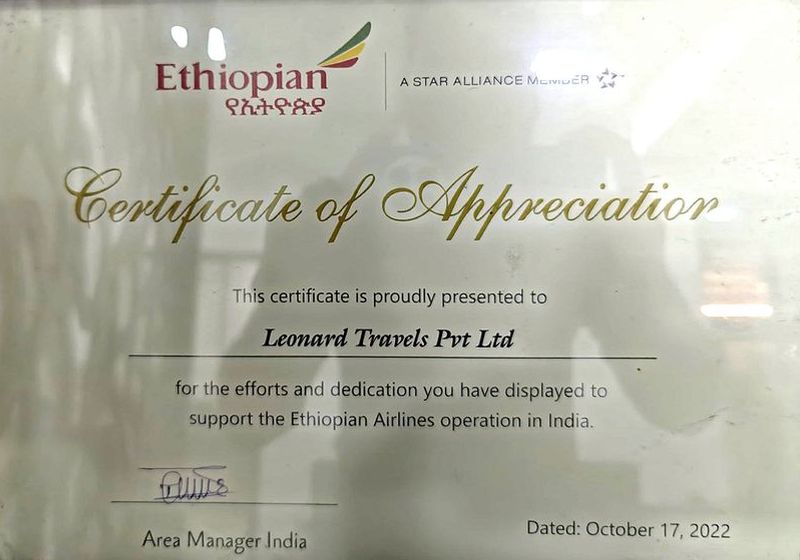 Ethiopian Airlines certificate of appreciation, October 2022